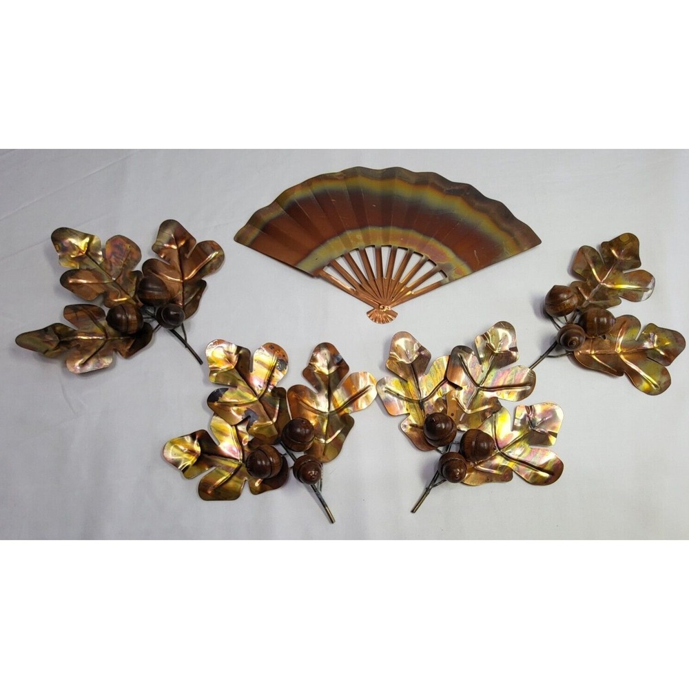 Homco Two Tone Brass Copper Wall Decor Metal Art 4 Oak Leaves w/Acorns & Fan Vtg